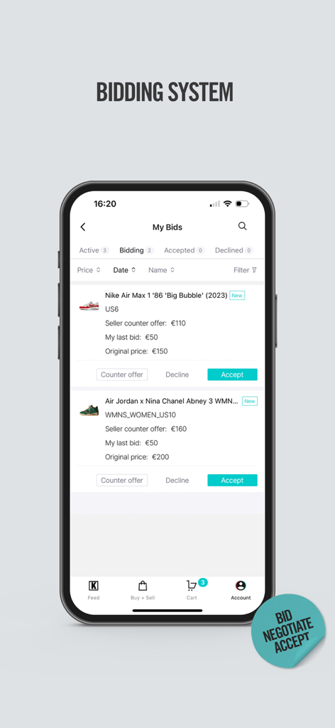 Un smartphone affichant le système d'enchères de l'application KLEKT où les utilisateurs peuvent gérer les offres et négocier les prix pour des baskets exclusives.