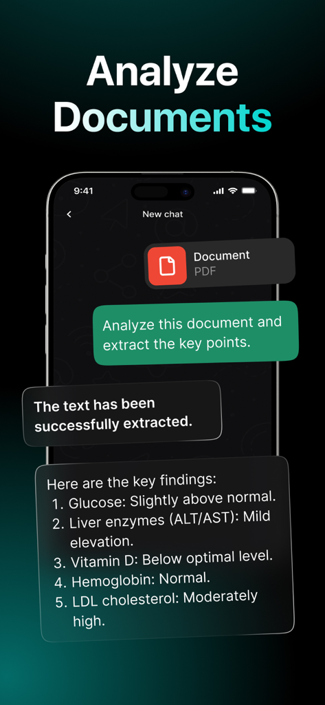 Chatbot 5: AI Chat Assistant - PDF 문서를 분석하고 주요 결과를 요약하는 Chatbot 5 앱을 보여주는 모바일 화면