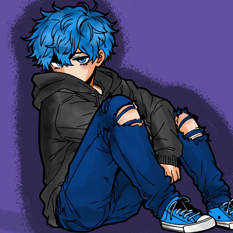 a male hoddie ripped jeans messy hair anime