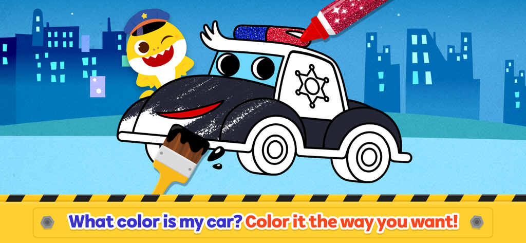 Baby Shark Car Town - Bébé Requin portant un chapeau de policier à côté d'une voiture de police en train d'être coloriée avec un pinceau et un marqueur rouge.