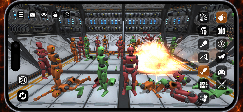 Room Smash - A destruction simulation in Room Smash featuring colorful crash test dummies and an explosion in a sci-fi room.