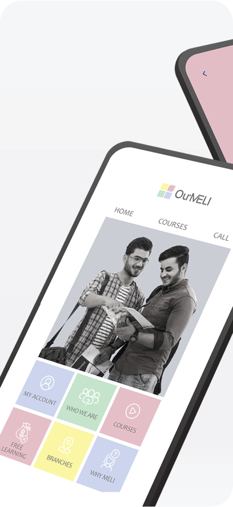 The home screen of the OurMELI educational app featuring navigation icons for courses student accounts and free learning resources