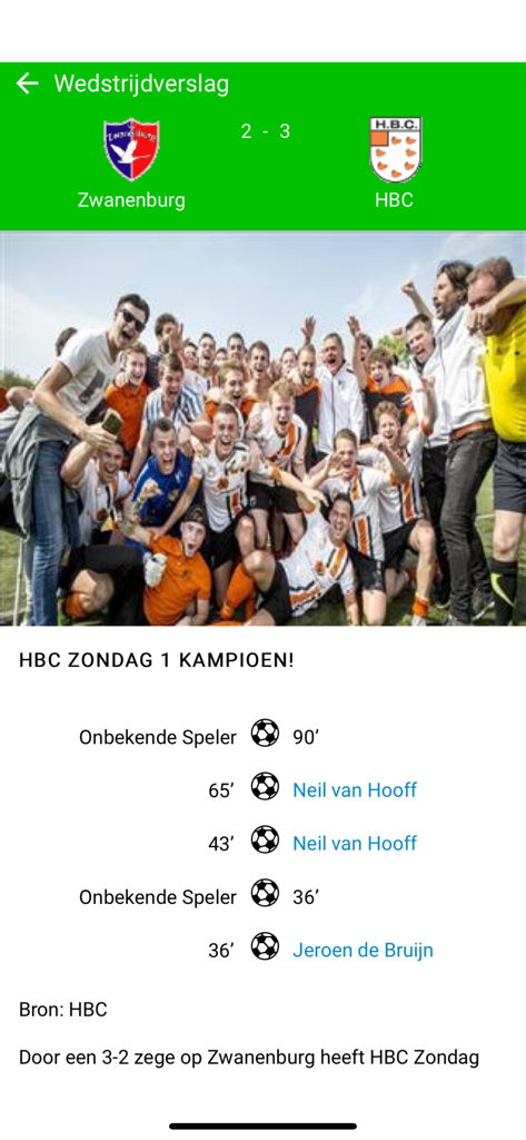 LiveUitslagen - Match report screen in the LiveUitslagen app showing a 2-3 score between Zwanenburg and HBC with a celebratory team photo.