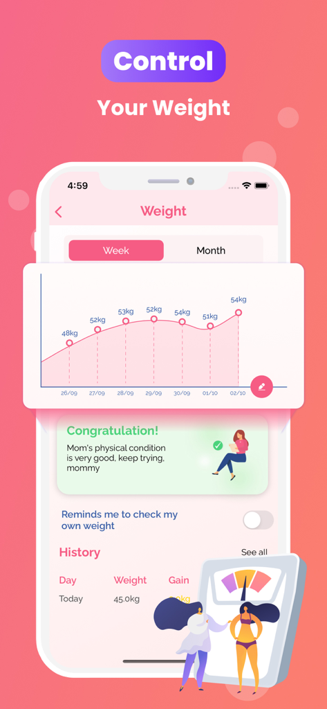 My Baby Heartbeat Monitor App - Interfaz de aplicación móvil que muestra un gráfico semanal de seguimiento de peso para futuras madres con un mensaje de estado de salud