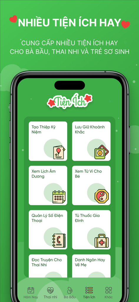 Utilities menu of the Con Yêu app for Vietnamese mothers featuring tools for pregnancy and baby care