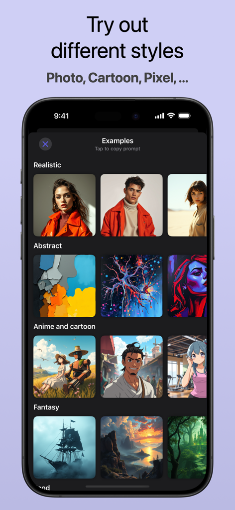 Interface de l'application Flux AI Image Generator affichant des exemples d'art réaliste, abstrait, anime et fantastique.