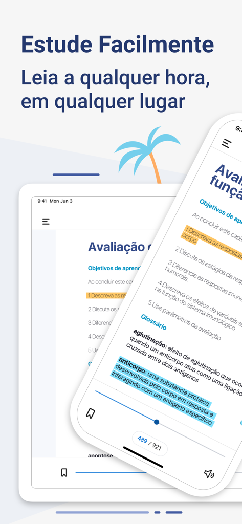 Minha Biblioteca App-Oberfläche auf iPhone und iPad, die ein digitales Lehrbuch mit Textmarkierungen anzeigt