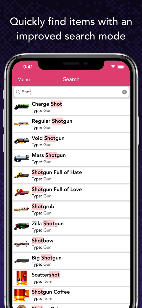 Guide for Enter the Gungeon - Search screen for guns and items in the Guide for Enter the Gungeon mobile app