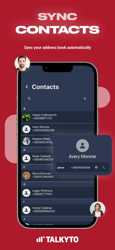 Talkyto - Twilio Calls & SMS - Talkyto App-Oberfläche, die eine synchronisierte Geschäftskontaktliste auf einem Mobiltelefon anzeigt