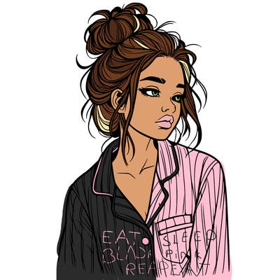 realistic woman with pajamas on and a messy bun