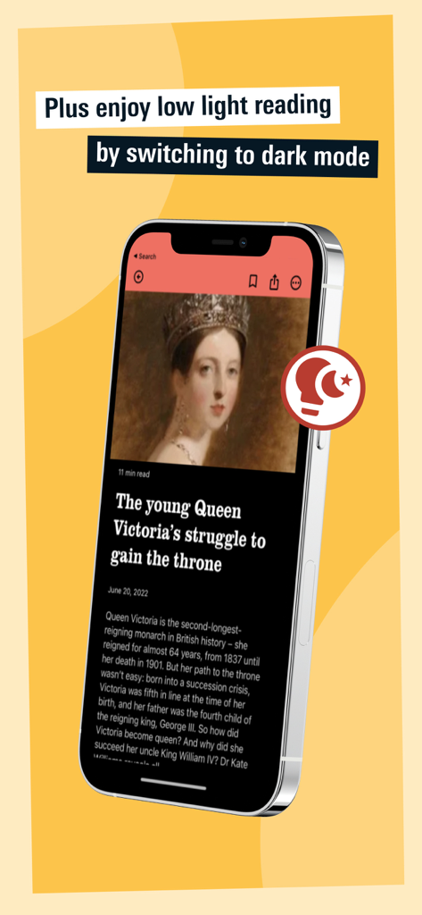 History Extra: Unlock the past - Teléfono inteligente mostrando la aplicación History Extra en modo oscuro con un artículo sobre la Reina Victoria