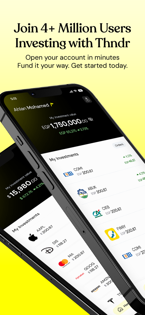 Dos teléfonos inteligentes que muestran la interfaz de la aplicación Thndr con carteras de inversión en libras egipcias y dólares estadounidenses