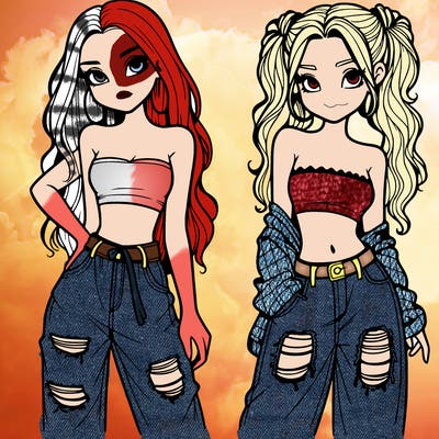 2 girls in crop tops and baggy jeans ripped