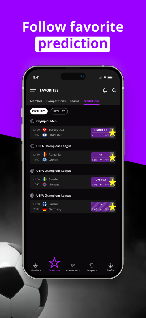 A mobile app interface for 180Score showing a list of favorite soccer match predictions with AI-calculated win probabilities and betting tips.