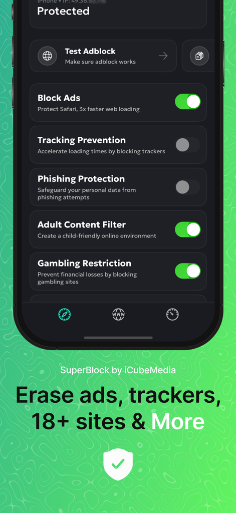 SuperBlock app interface showing toggles for blocking ads trackers and adult content