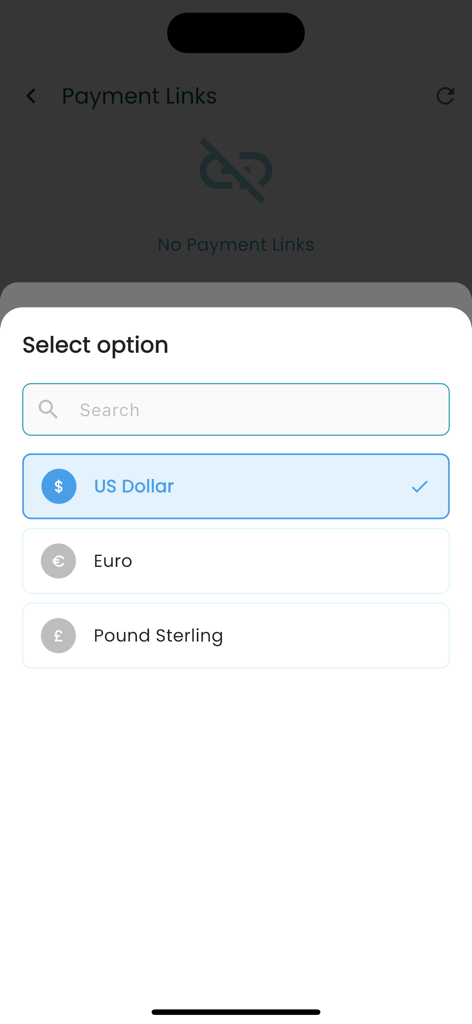 Arif Remit - Currency selection menu in the Arif Remit app showing options for US Dollar, Euro, and Pound Sterling.
