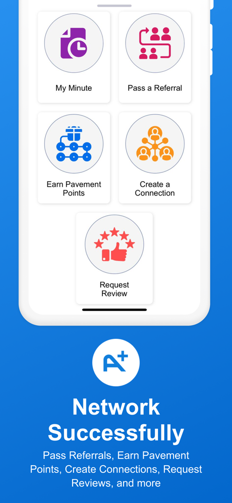 Network In Action - Painel do aplicativo Network In Action mostrando recursos de networking como passar indicações e criar conexões
