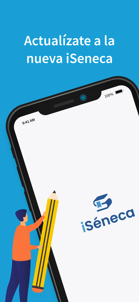 iSéneca - Pantalla de anuncio de actualización de la aplicación educativa iSeneca con una ilustración de un profesor sosteniendo un lápiz gigante