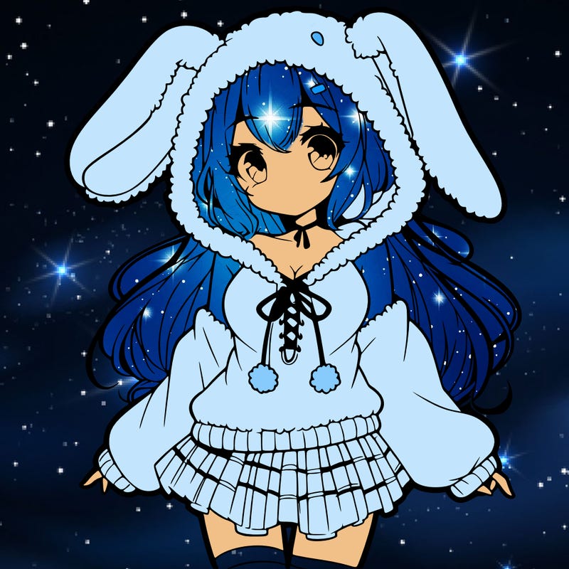 pretty anime girl wearing a fluffy hoodie with bunny ears on the hood and a skirt