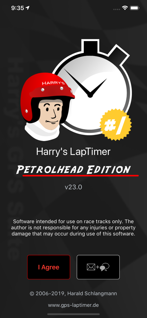 Startup screen of Harrys LapTimer Petrolhead Edition featuring a racer logo and a track use disclaimer