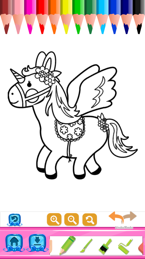 Princess Coloring Book Draw Paint for Kids & Adult - Un dibujo de unicornio en blanco y negro en la interfaz de una aplicación de colorear móvil con lápices de colores y herramientas de pintura.