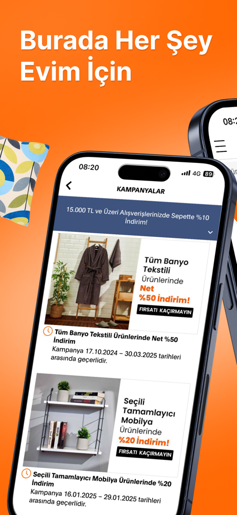 Evidea - Écran de l'application mobile Evidea affichant des remises promotionnelles sur les textiles de bain et les meubles de maison