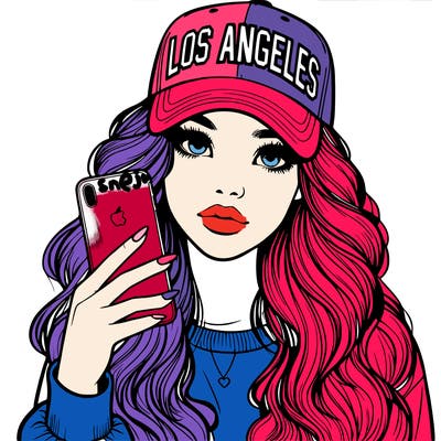 realistic beautiful girl wearing los ángeles cap holding an iphone