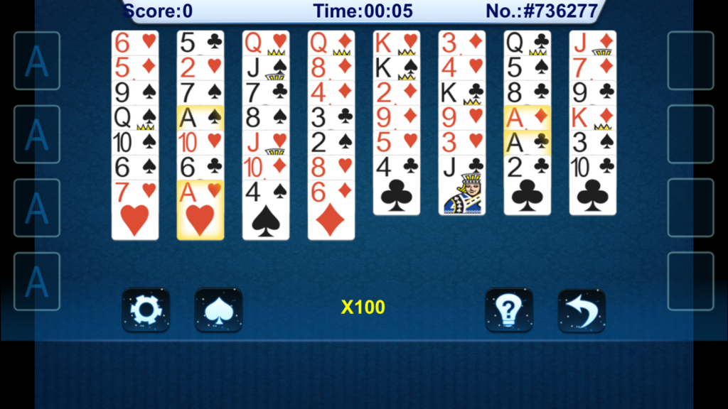 `Freecell Solitaire - Classic Freecell solitaire card game interface with a blue background and standard playing cards