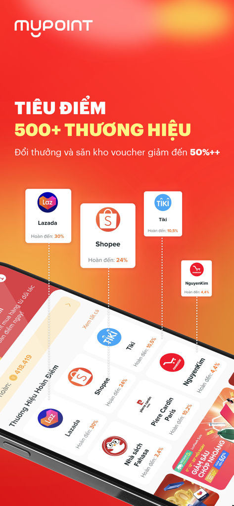 MyPoint: Tích điểm muôn nơi - Interface do aplicativo MyPoint exibindo recompensas de cashback e vouchers para mais de 500 marcas, incluindo Shopee e Lazada.