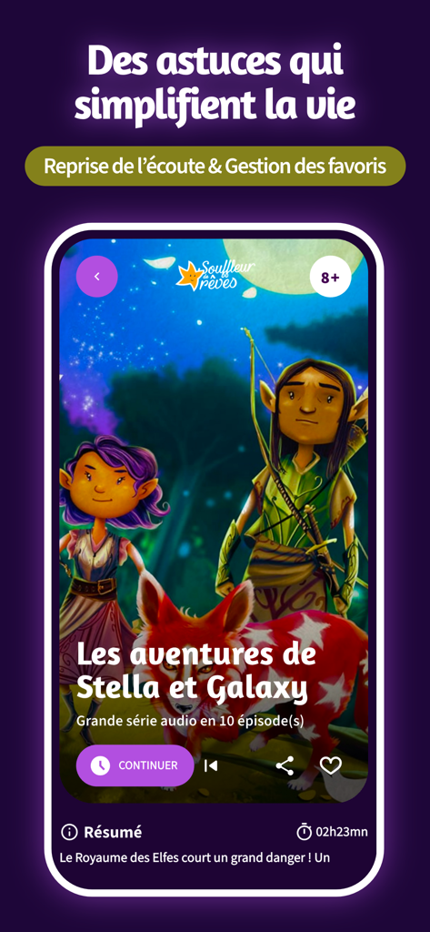 Souffleur de Rêves - Mobile app interface for kids audio stories showing resume playback and favorites management features.