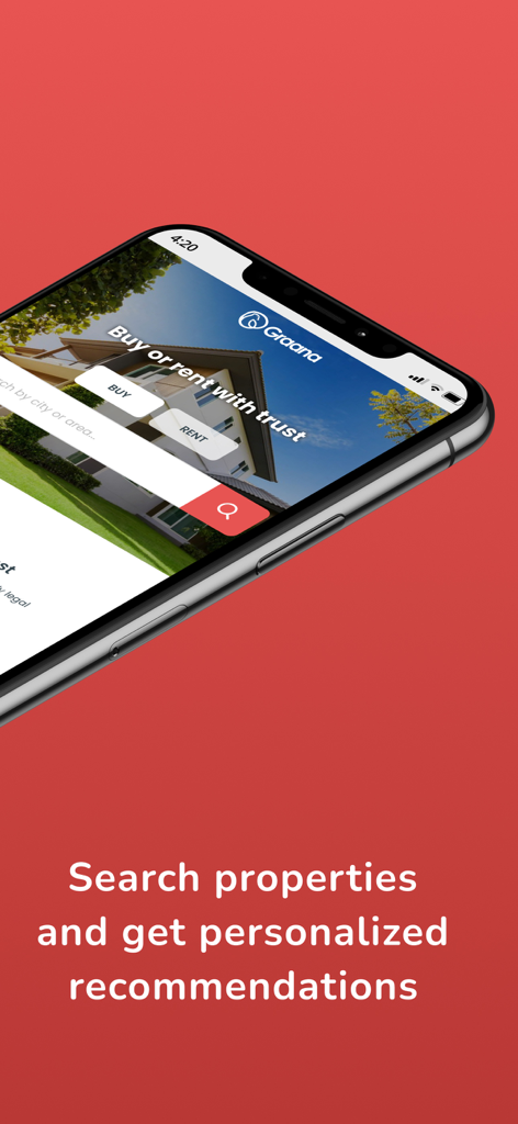 Graana: Real Estate Portal - Interfaz de la aplicación inmobiliaria de Graana que muestra la búsqueda de propiedades y recomendaciones personalizadas