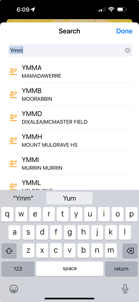The ok2fly app search screen displaying a list of Australian airport codes and names