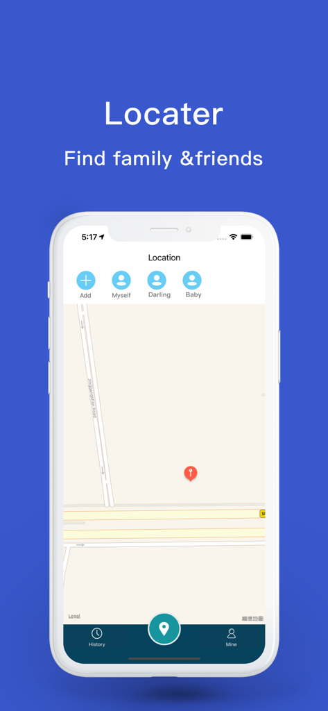 Interfaz de la app Phone Tracker mostrando un mapa para localizar familiares y amigos con iconos personalizados para padres e hijos.