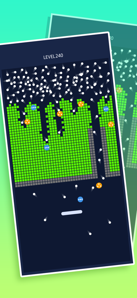Gameplay screenshot of Huge Bricks showing a massive wave of balls breaking green bricks on level 240.