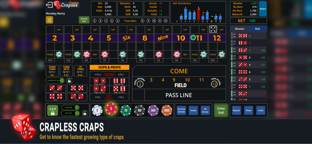 Crapsee - Crapsee App-Oberfläche, die einen Crapless Craps Tisch mit Wettanalyse-Tools und Statistiken zur Würfelverteilung zeigt.