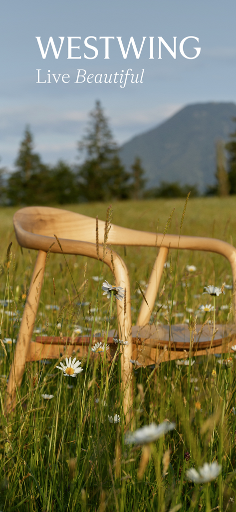 Una silla de diseñador de madera en un campo de margaritas silvestres con un fondo de paisaje montañoso y marca Westwing.