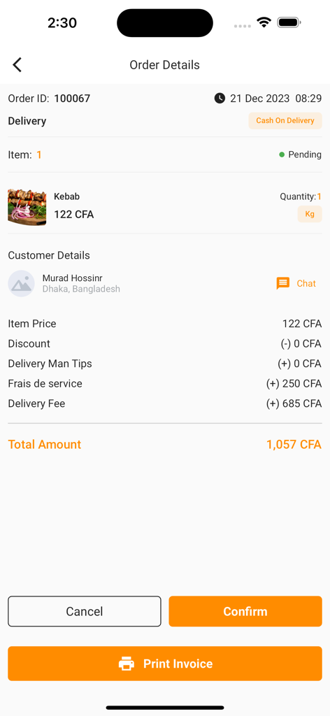 AfriShop: Product Delivery - Pantalla de detalles del pedido de la aplicación AfriShop mostrando un resumen del pedido de kebab con el precio del artículo en CFA y opciones para confirmar o imprimir factura