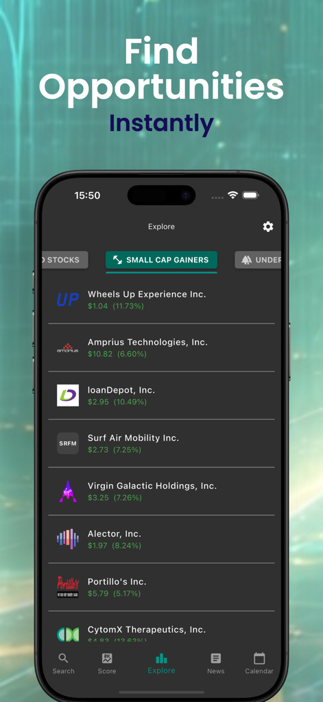 Stock Score - Interfaz de la aplicación móvil Stock Score que muestra una lista de valores de pequeña capitalización con ganancias en la pestaña explorar