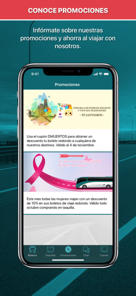 Flecha Roja - Screenshot of the Flecha Roja app showing travel promotions and seasonal discounts for bus tickets in Mexico.