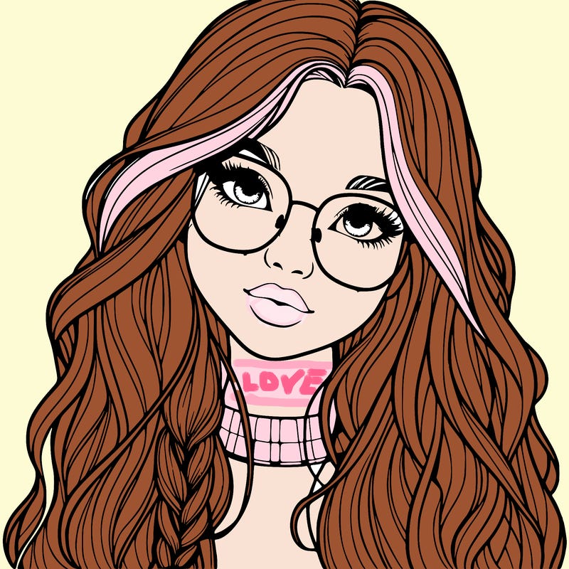 girl with long hair and freckles and glasses realistic