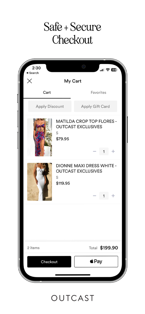 Outcast app shopping cart interface showing a crop top and maxi dress with secure checkout and Apple Pay options.
