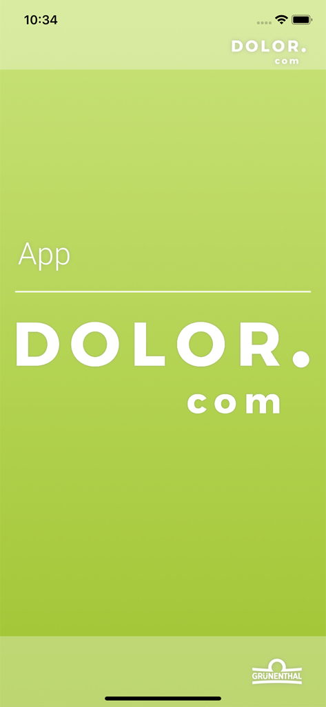 App Dolor.com - Pantalla de inicio de la aplicación Dolor que muestra el logotipo y la marca Grunenthal sobre un fondo verde.