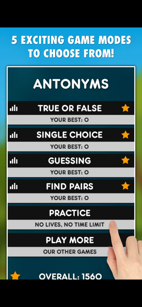 Antonyms PRO - Main menu of the Antonyms PRO app showing five educational word game modes including True or False and Practice