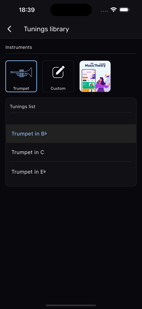 Trumpet Tuner – XTuner PRO - Trumpet Tuner app tunings library screen showing Bb C and Eb transposition options