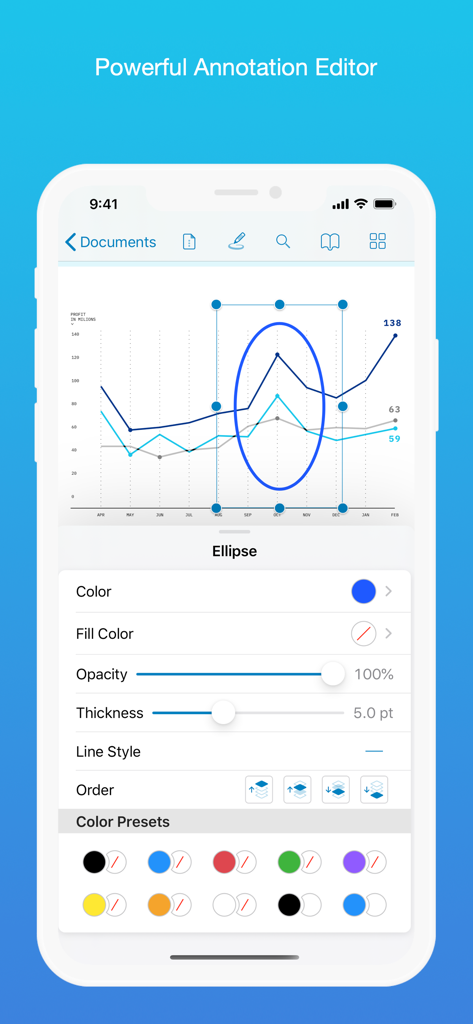 PDF Viewer by Nutrient - iPhone screen displaying PDF Viewer's annotation editor with options to customize an ellipse on a data chart.