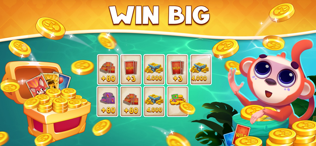 Tri Peaks Solitaire 2026 - A cute monkey next to a treasure chest filled with gold coins and solitaire rewards cards under the text Win Big