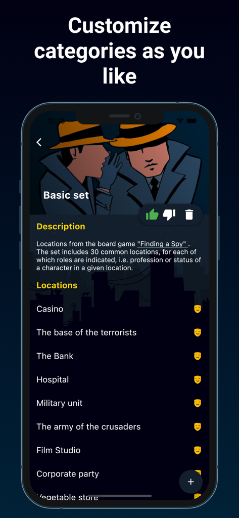 Spy - the game for a company - Mobile app screen showing a list of game locations like Casino and Bank with an option to customize categories