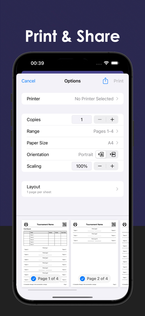 Pantalla de opciones de impresión y uso compartido para los horarios de torneos en la aplicación Gestor de Competiciones.