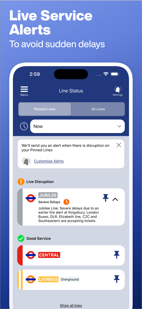 Screenshot der Tube Map App mit Live-Linienstatus-Benachrichtigungen und Service-Updates für die London Underground.
