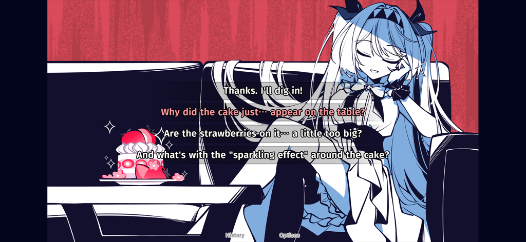 The NOexistenceN of you AND me - 心理ホラーゲームで、リリスがソファに座り、イチゴケーキとメタフィクションの会話選択肢と共にいる。